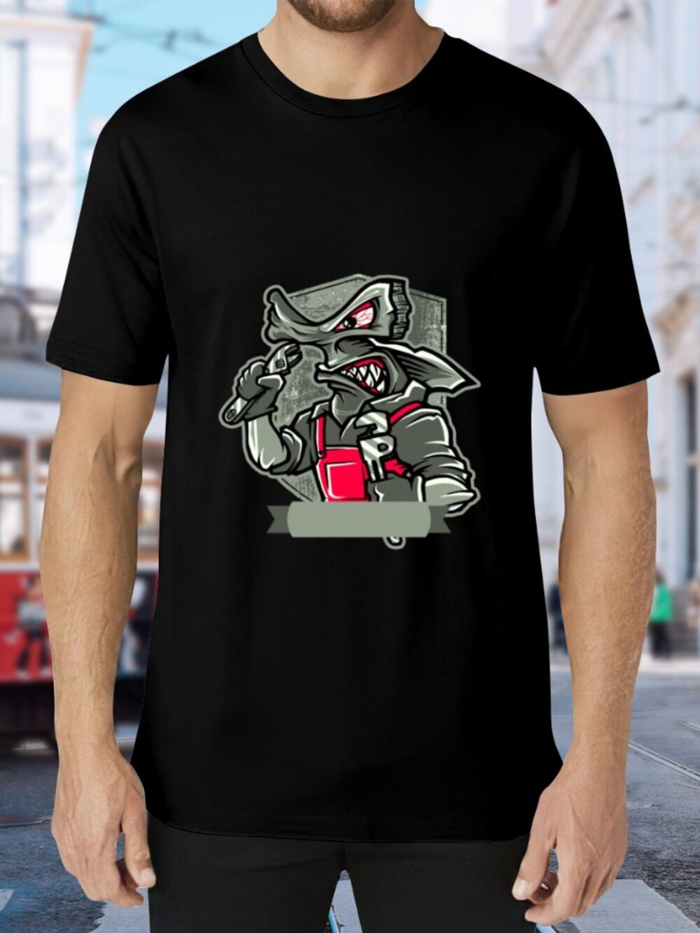 Black Short-Sleeve Graphic Tee with Grey & Red Mascot